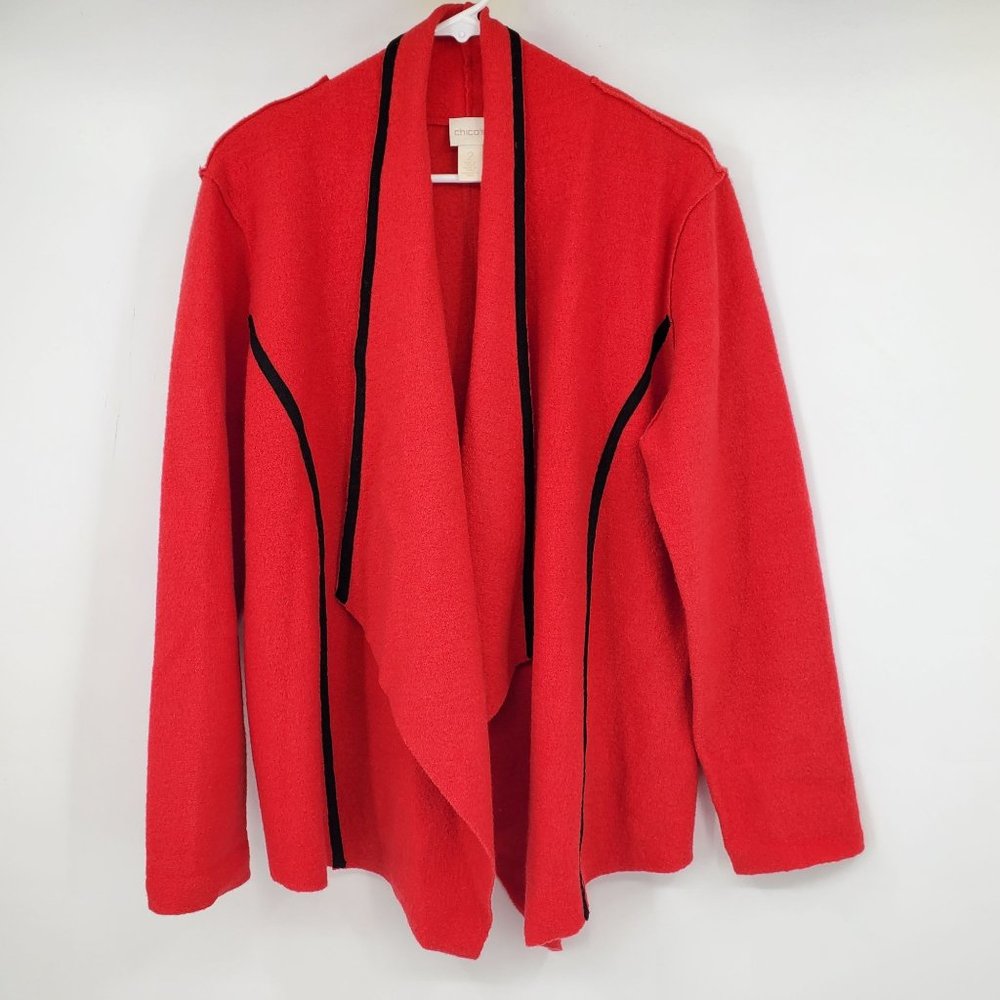 Chico's Trimmed Traci Red and Black Wool Cardigan Sweater Size Large